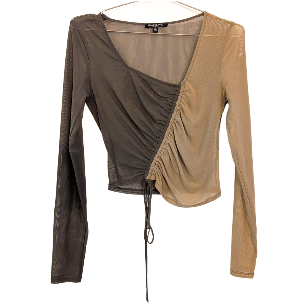 Two-Tone Ruched Mesh Long Sleeve Top - Olive & Taupe